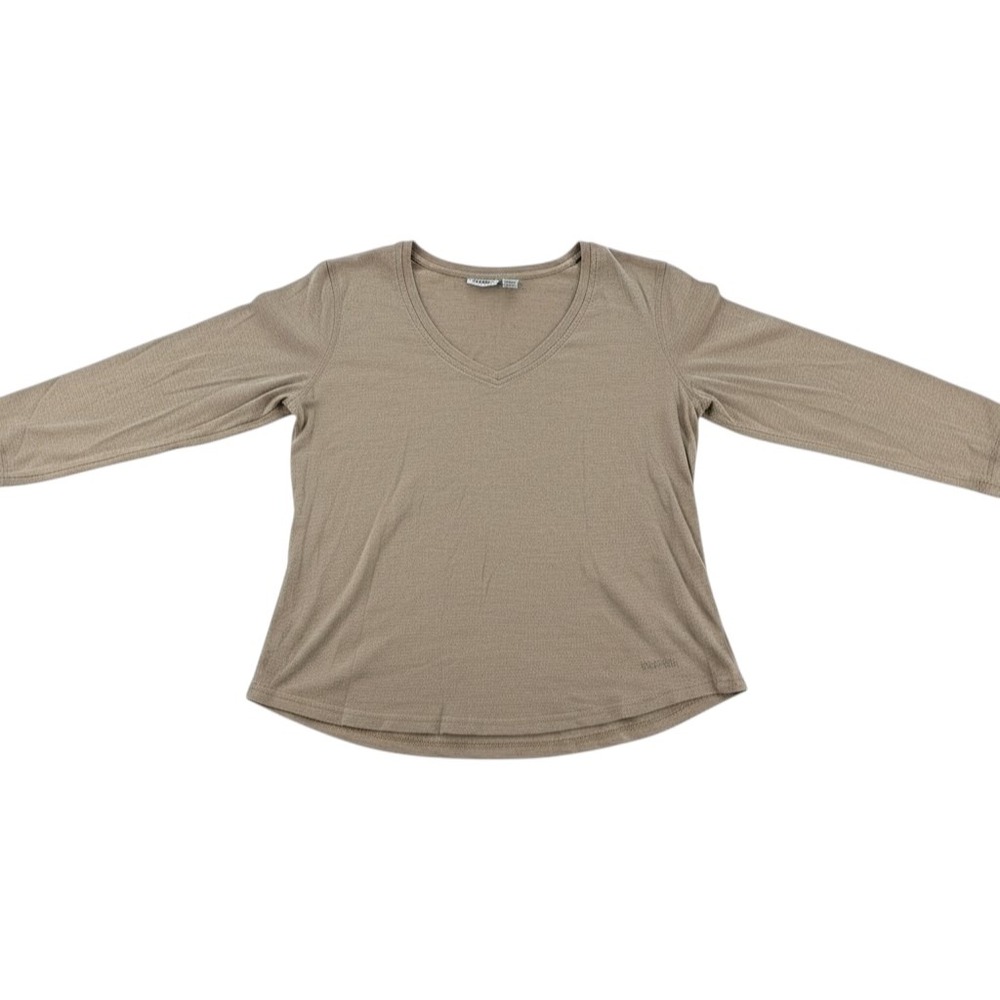 IZOD V-Neck Long Sleeve Top Size M Tan Heather Cotton Rhinestone Logo Tee